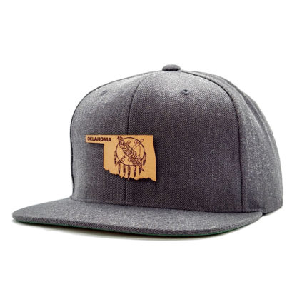 Oklahoma | Dark Heather Grey Trucker Snapback State Flag Hat, Branded Leather Patch Hat